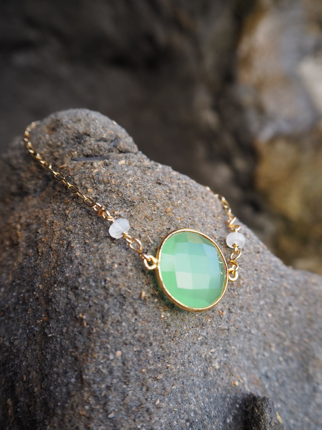 Chalcedony & Rainbow Moonstone Gold Chain Bracelet